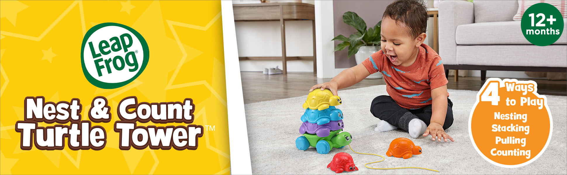 LeapFrog Nest & Count Turtle Tower—4 ways to play: Nesting, Stacking, Pulling, Counting. 12+ months.