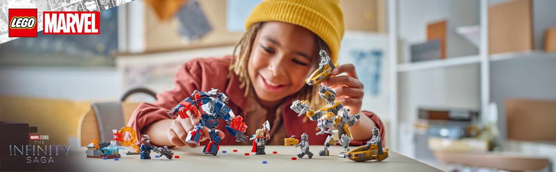 Put mech-vs-monster action from Marvel Studios’ Avengers: Endgame into kids’ hands with Iron Patriot MK2, Rocket and Thor.