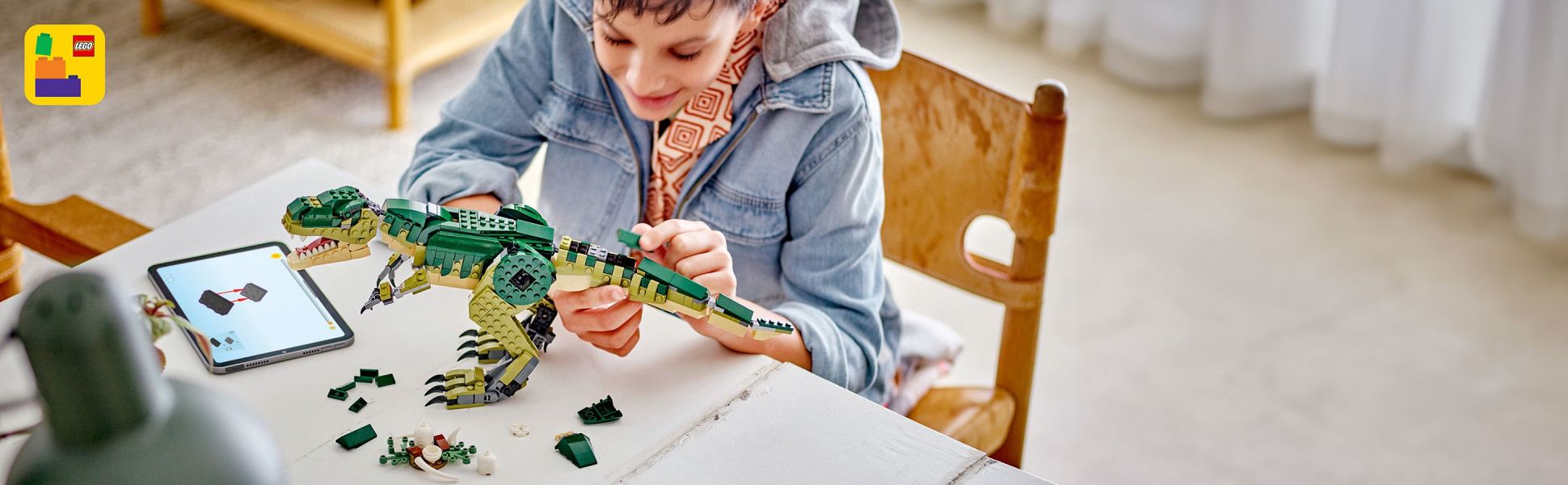Kids can zoom in and rotate their models in 3D and save their progress with the LEGO Builder app.