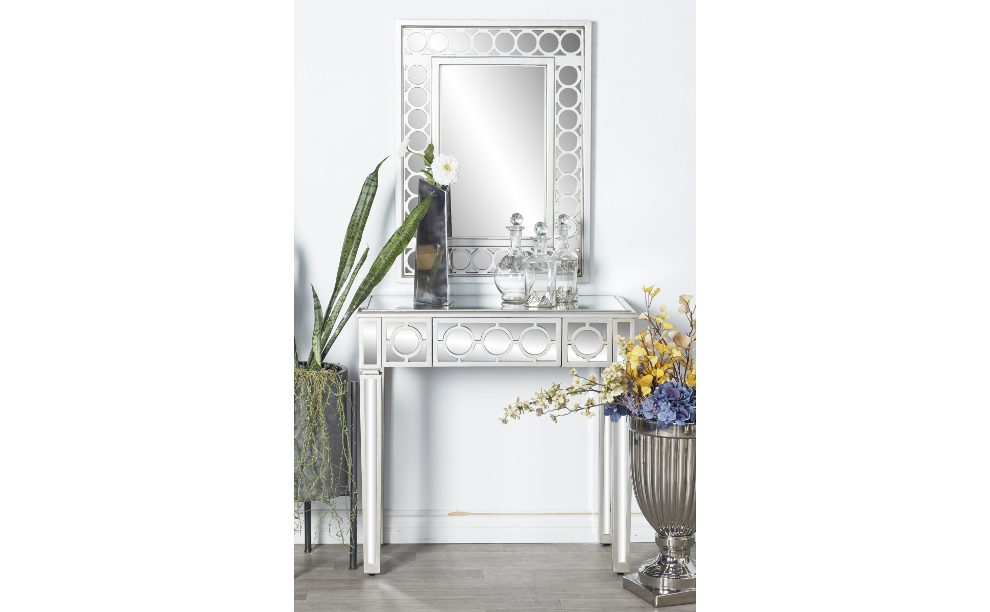 Litton Lane 23 in. Silver Extra Large Rectangle Glass Geometric Mirrored Single Drawer Console Table with Mirror 2 Pieces 58753 The Home Depot