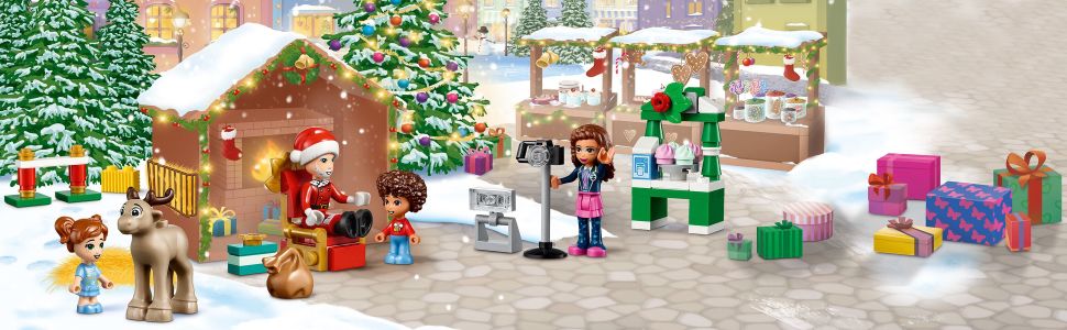 Each door reveals a new buildable model. When combined, they tell the story of Olivia’s special visit with Santa.