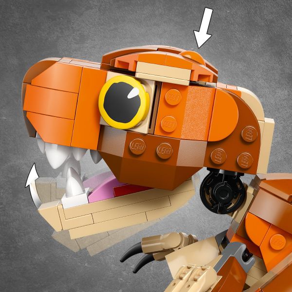 Push the lever on the T. rex's head for fun chomping action.