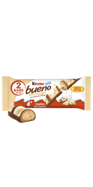 Kinder Bueno White Chocolate Bar with Crispy Wafer and Hazelnut
