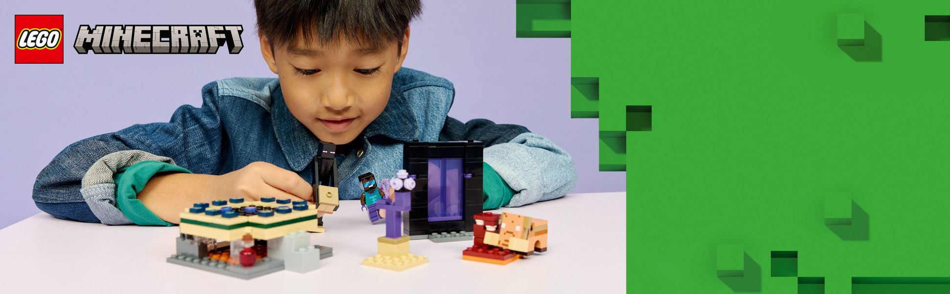 Transport kids’ imaginations through 2 LEGO Minecraft portals with this fun-packed set featuring 3 Minecraft characters.