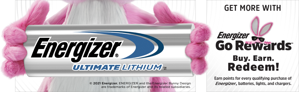 The Energizer Bunny is holding a large Energizer Ultimate Lithium battery