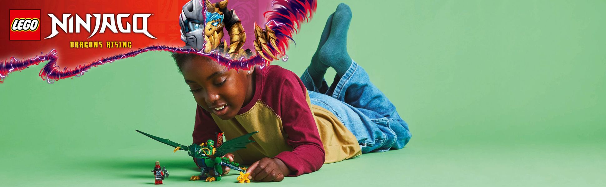 Action-packed Lloyd’s Green Forest Dragon playset featuring 2 minifigures and 2 dragons for thrilling ninja role play.