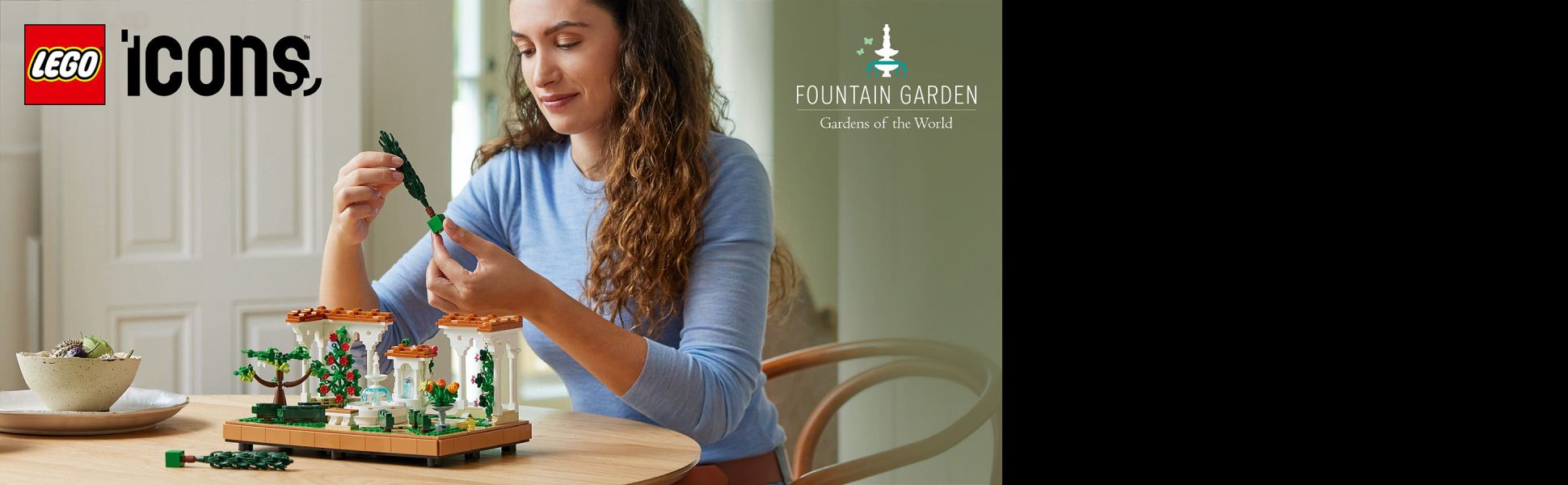 Create a captivating display for the home or office with the LEGO Icons Fountain Garden building set for adults.