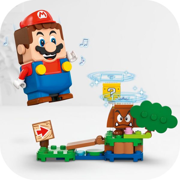 Defeat a Goomba and stomp on the ? Block.
