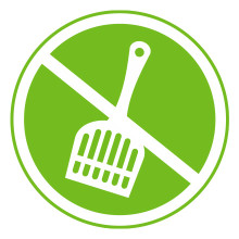 A green circle features a white line drawing of a scoop with a line through it.
