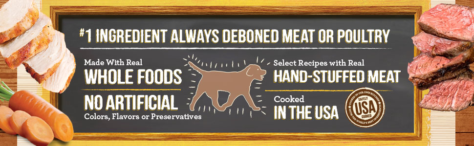 Real food ingredients. Drawing of a dog and ingredient benefits. First ingredient is always deboned meat or poultry.