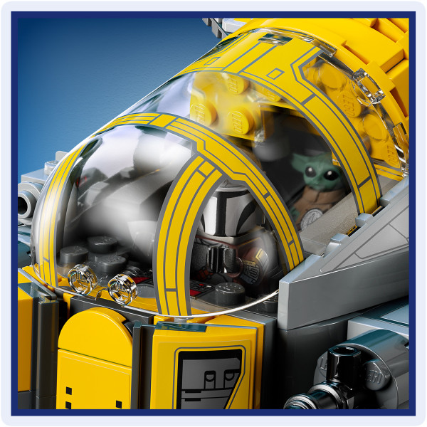 Place 2 LEGO Star Wars minifigures and Grogu in the cockpit.