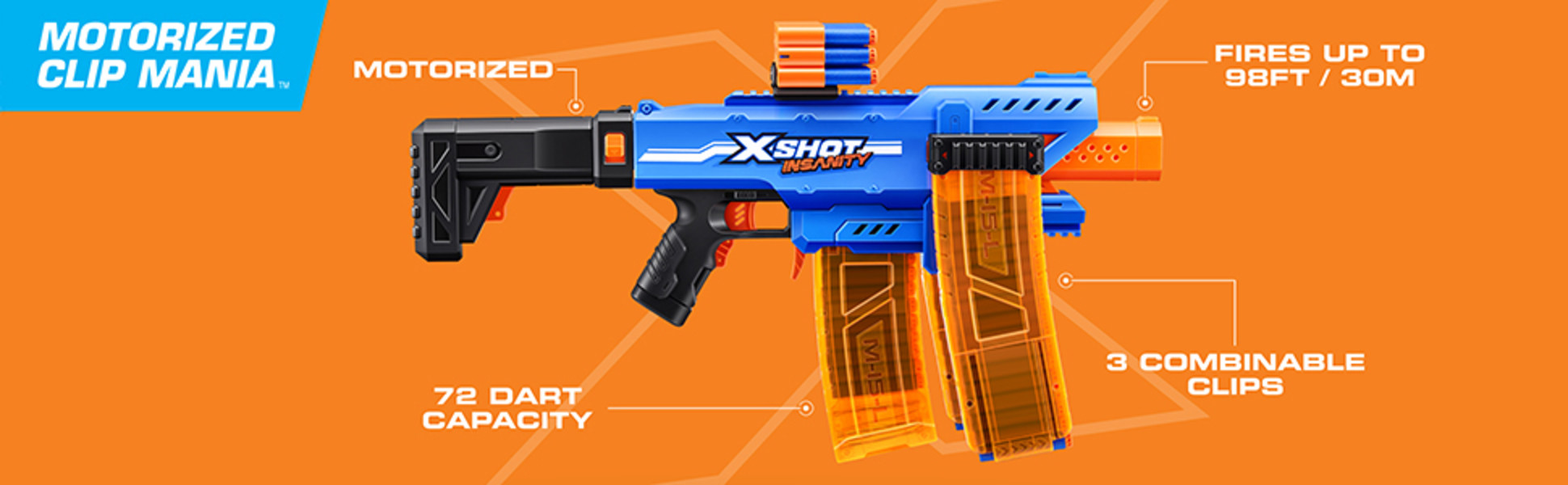 XSHOT Insanity Motorized Clip Mania (72 Darts) Outdoor Foam