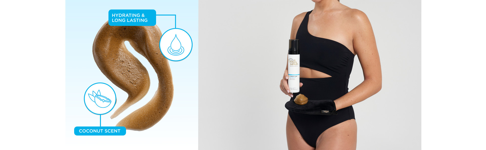 Woman holding a bottle of Bondi Sands Self Tanning Foam.