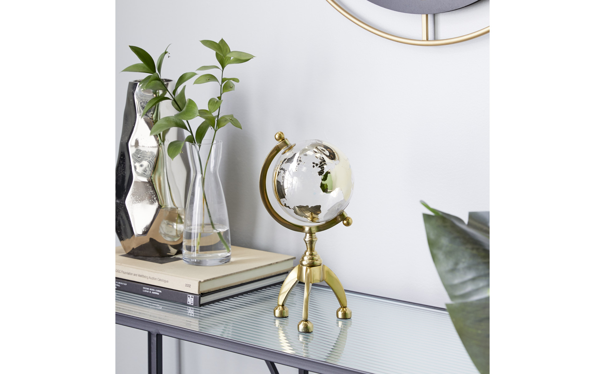 Litton Lane 13 in. Gold Aluminum Decorative Globe with Tiered Base