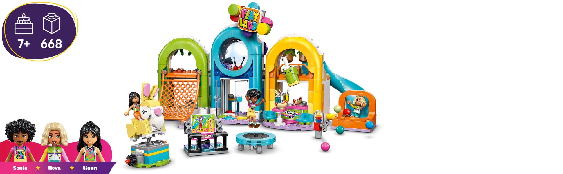 Kids create fun stories at the indoor playground with a climbing net, a carousel ride, a ball pit, a slide, a toy bunny ride and more.