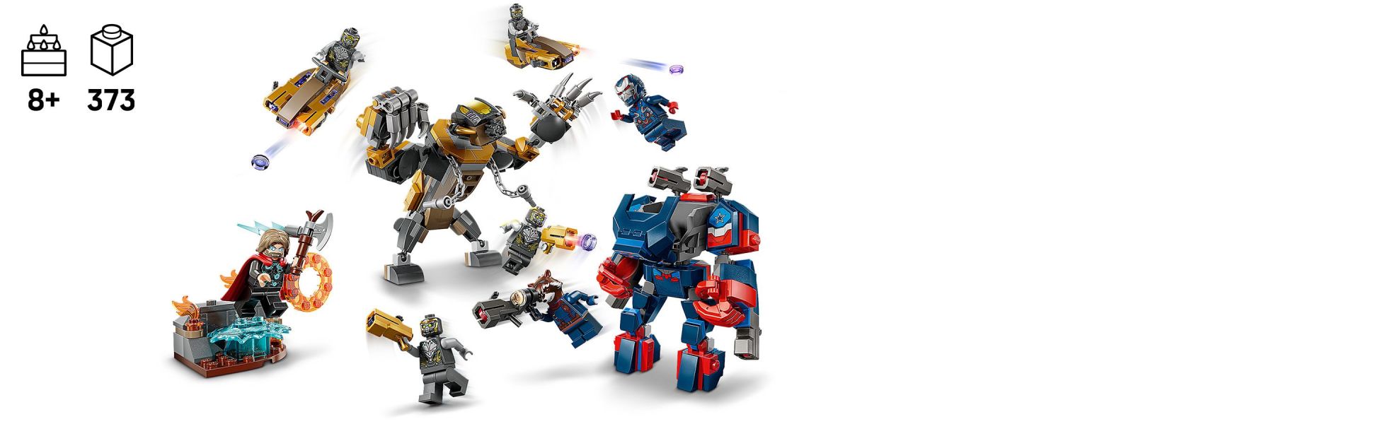 The large, buildable Iron Patriot mech and a fearsome Chitauri gorilla are jointed to inspire dynamic action.
