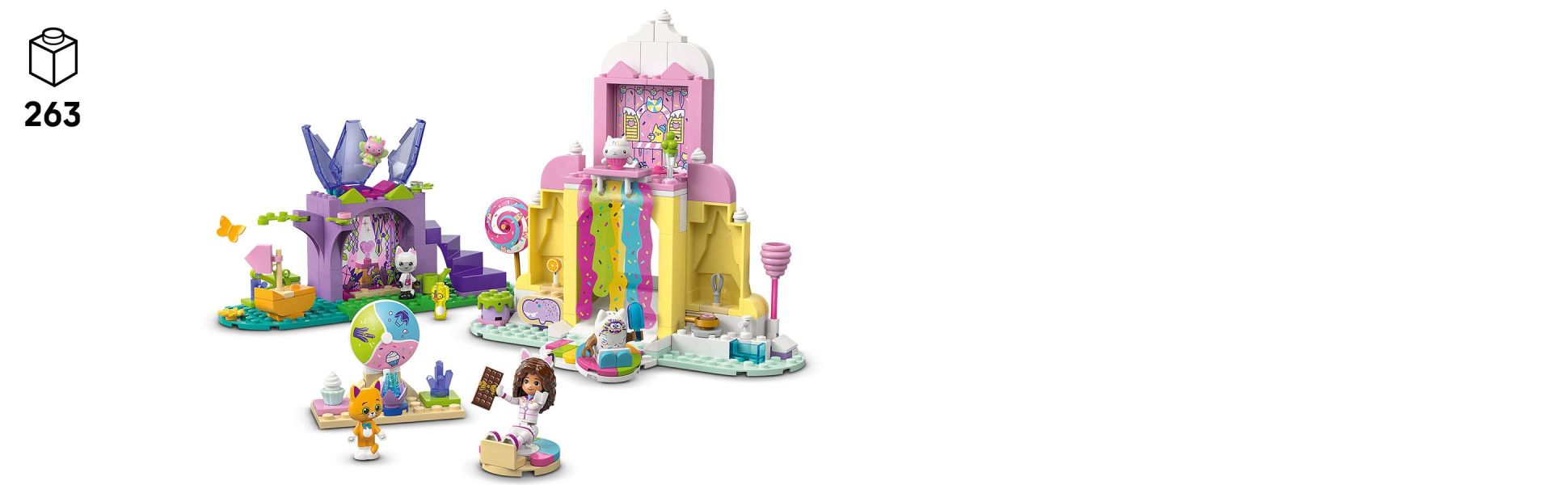 Gabby, Pandy Paws and friends slide through the candy waterfall at Sweet Treat Mountain and uncover sparkling secrets in Kitty Garden.