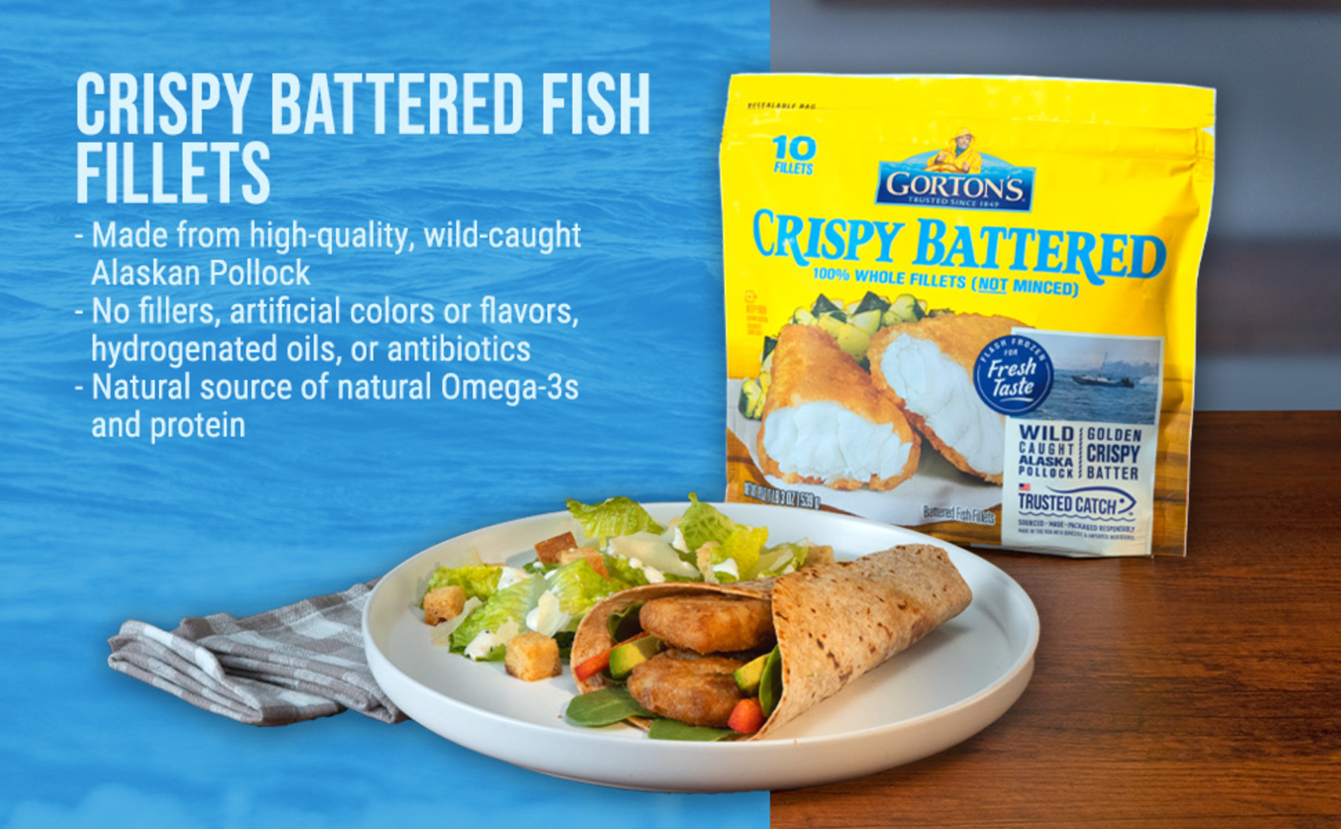 Gorton's Crispy Battered Fish, Wild Caught Pollock, Frozen, 10 Count, 19  oz. Resealable Bag 