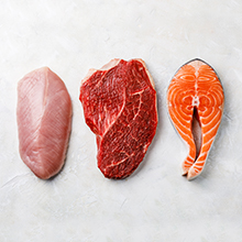 3 proteins: chicken, beef, salmon
