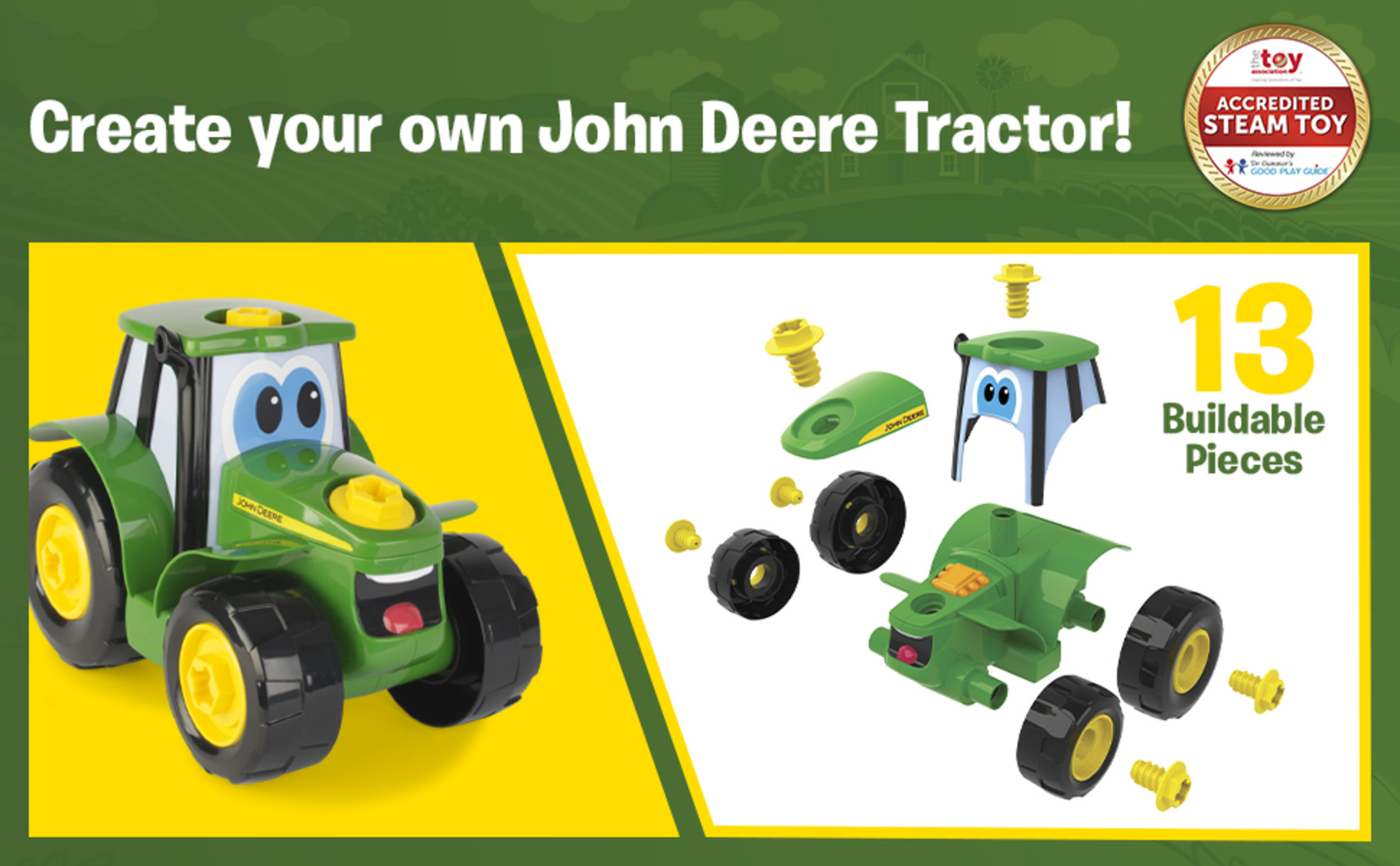 John Deere Build-A-Johnny Toy Tractor with Battery-Powered Pretend Drill,  16 Pieces 