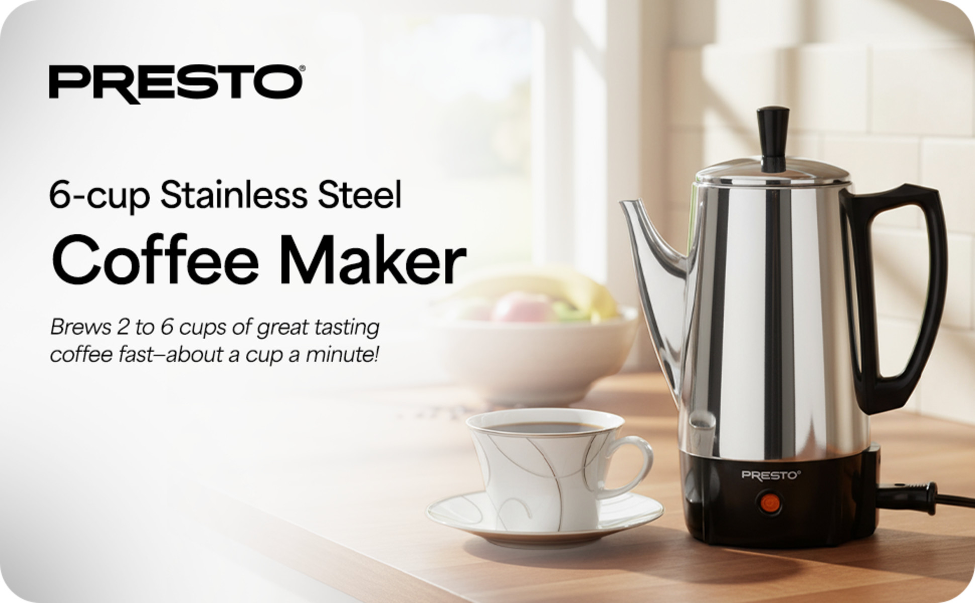 Presto®, Coffee Percolator, 6 Cup Stainless Steel, Traditional