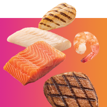 Cuts from protein sources like fish, shrimp, beef, and chicken