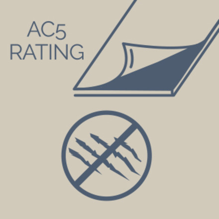A plank illustration with the top layer pulled up with the words “AC5 Rating” and a cross-out symbol of scratches underneath