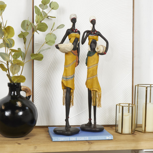  African water carrier wood sculpture, Hand Carved African  inspired wood art, Set of 3 : Handmade Products