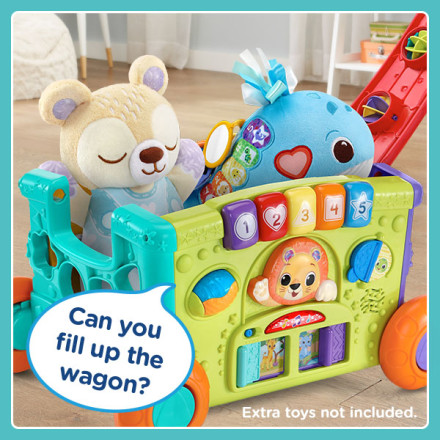 Close up of kid’s favorite toys inside wagon. Wagon says: Can you fill up the wagon?