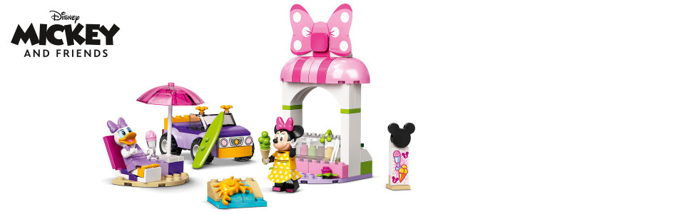 Build Disney Minnie Mouse’s ice cream shop, a beach site with umbrella, seaside spot for surfing and a car for Daisy Duck.