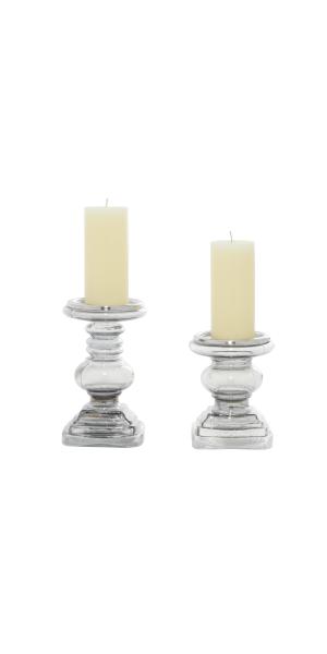 Silver Glass  Handmade Turned Style Pillar Candle Holder, Set of 2 7", 9"H