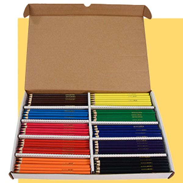 Organized colored pencil set with multiple colors stored in a divided box.