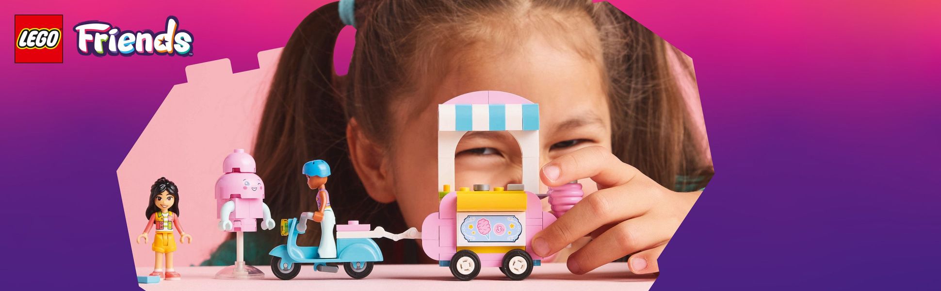 This pretend-play toy for kids comes with features to inspire creative play and includes a cotton candy stand and scooter.