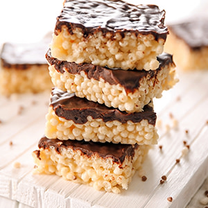 Stacked rice treats with chocolate coating on top