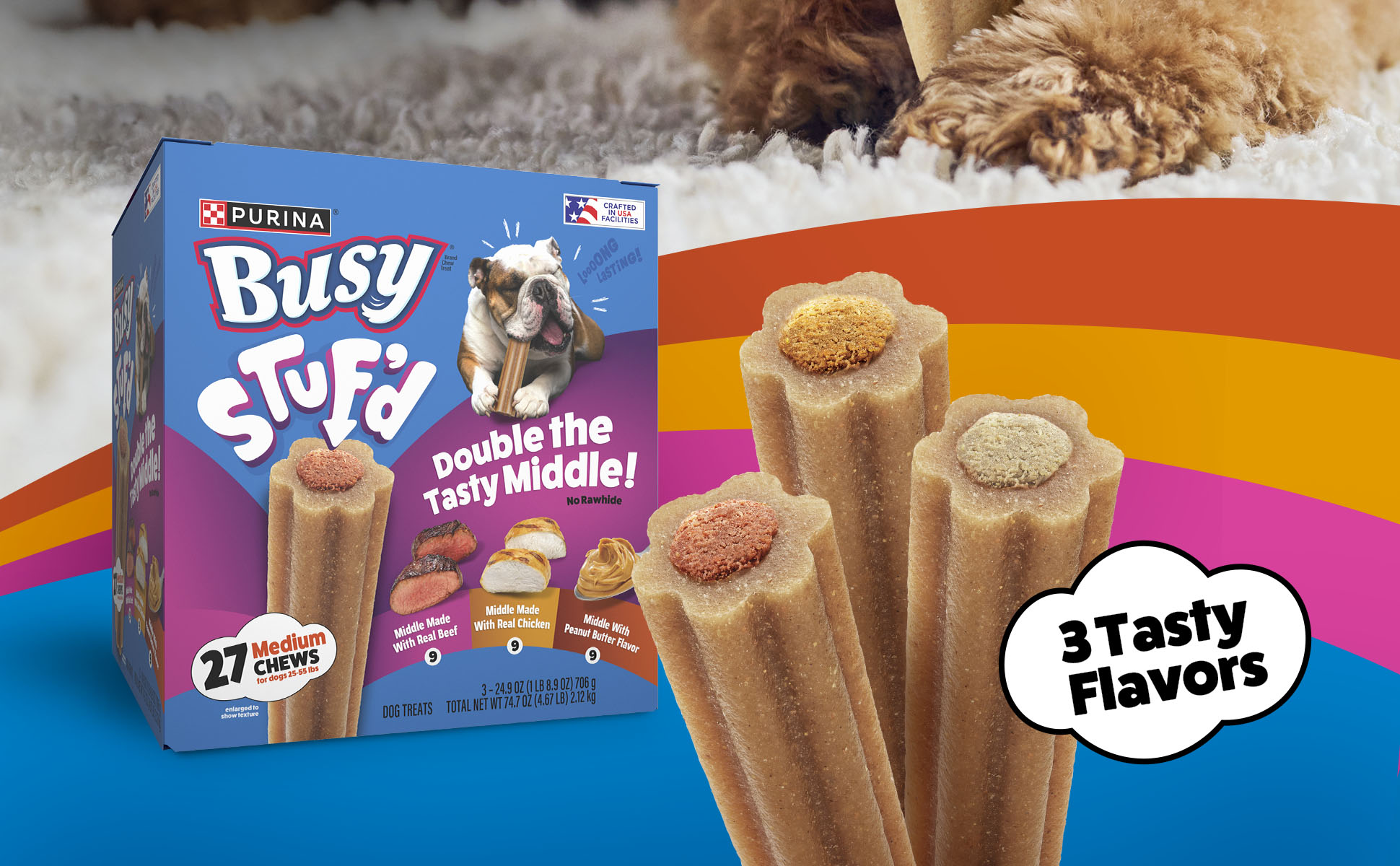 A Busy Stuf’d package that says, “Double the Tasty Middle!” and features three tasty flavor s: Real Beef, Real Chicken, and Peanut Butter. Close-ups of each product variation appear to the right.