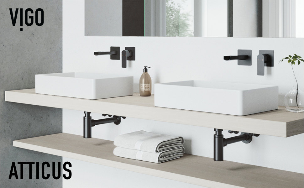 Petunia White Matte Stone Vessel Bathroom Sink Set with Atticus Wall Mount Faucet in Matte Black