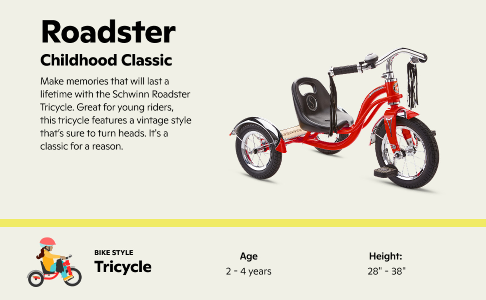 Schwinn Roadster Classic Tricycle, 12 Inch Front Wheel, Ages 2-4