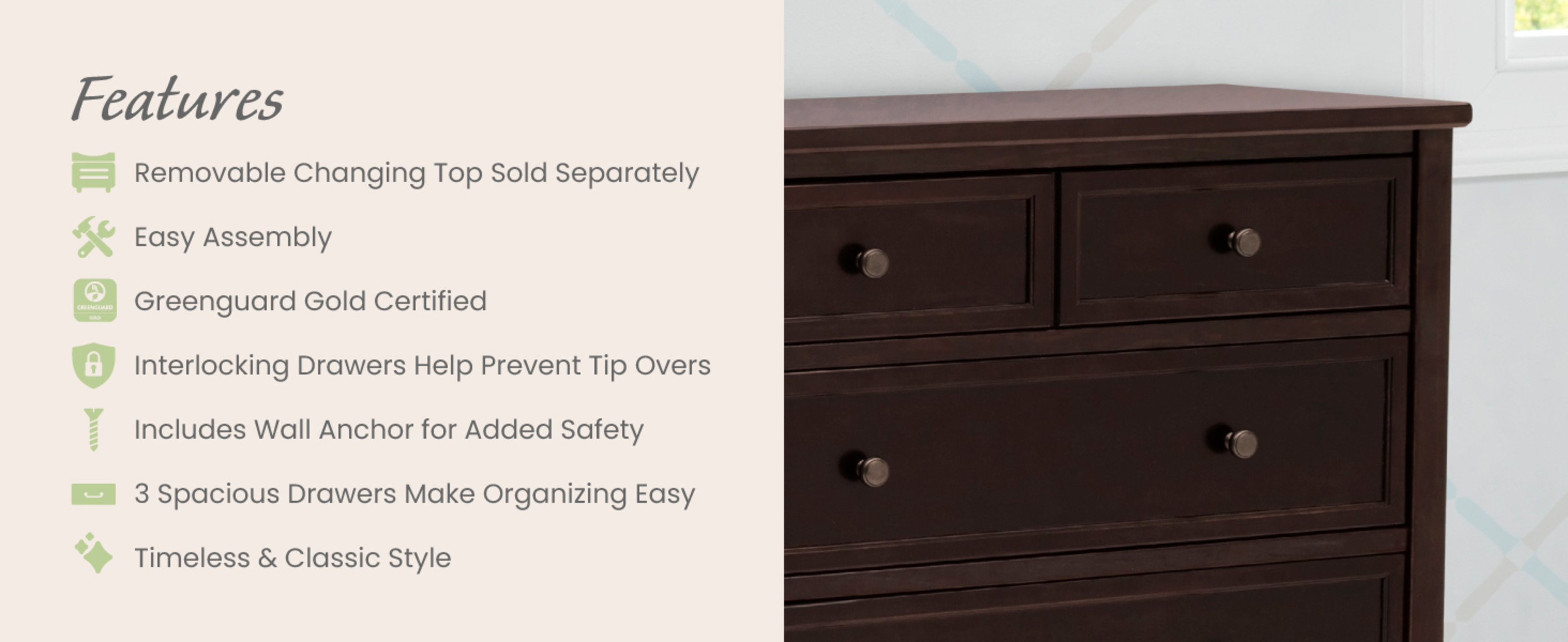 Delta Children Epic 3 Drawer Dresser with Interlocking Drawers