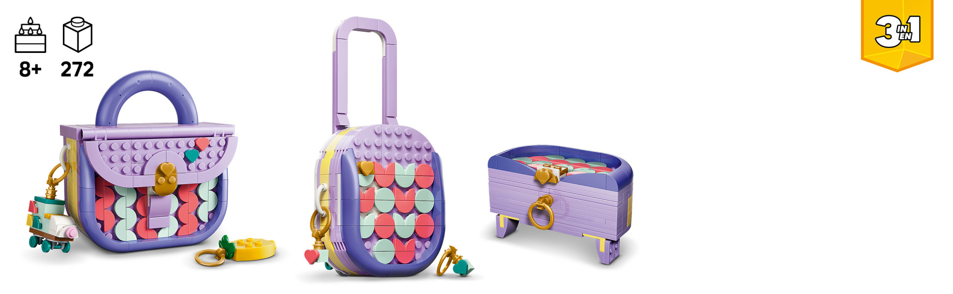 Fashion lovers can indulge their passion with this 3 in 1 toy featuring customizable tiles and interchangeable key chains.