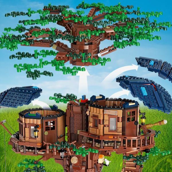 The treetop and cabin roofs lift off for easy play.