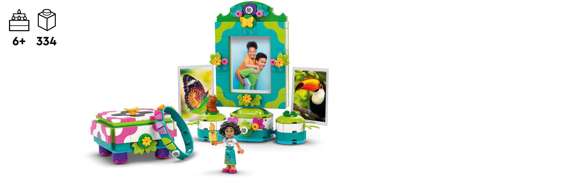 3 building toy items, a wearable bracelet, photo frame on a stand, a small jewelry box and lots of elements for decoration.