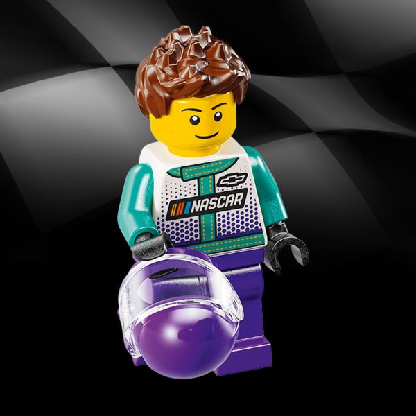 Minifigure wears a NASCAR racing outfit.