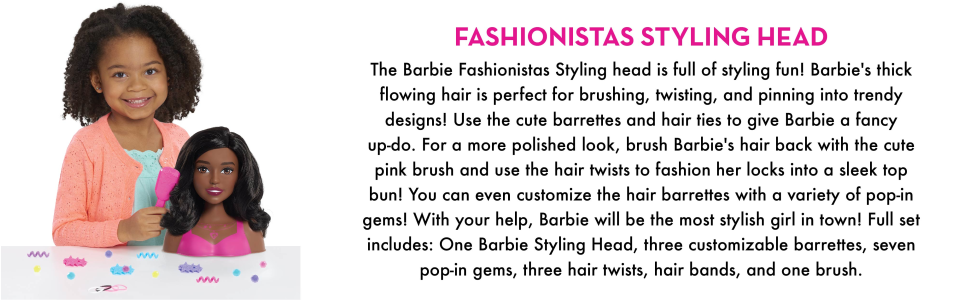Barbie Fashionistas 8-Inch Styling Head, Dark Brown, 20 Pieces Include Styling Accessories, Hair Styling for Kids, by Just Play