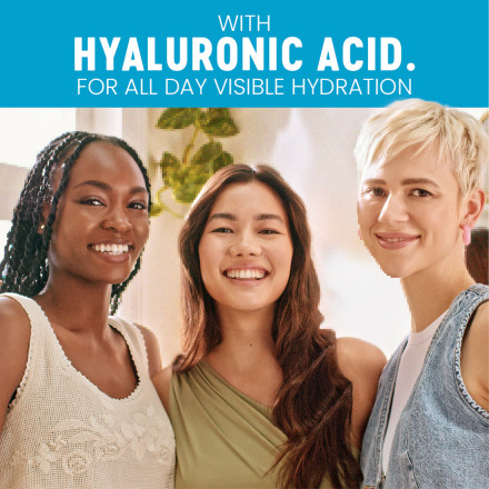 Three women smiling with a call out of hyaluronic acid