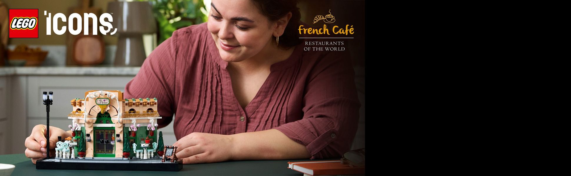 Delight in the elegance of a French café with this LEGO Icons bookshelf decoration set for adults.