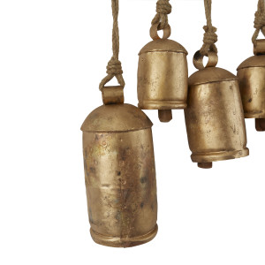 Litton Lane Gold Metal Tibetan Inspired Cylindrical Decorative Cow Bell  with Jute Hanging Rope and Rod 042542 - The Home Depot