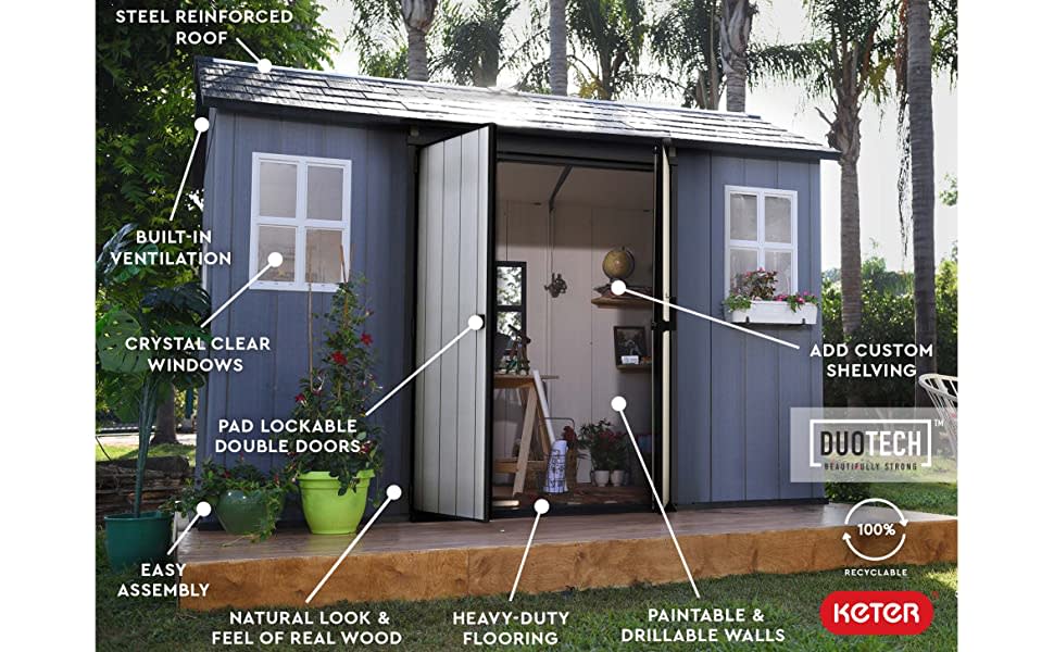 Office Shed Keter Oakland 9x7 Ft Apex Grey Plastic 2 Door Shed