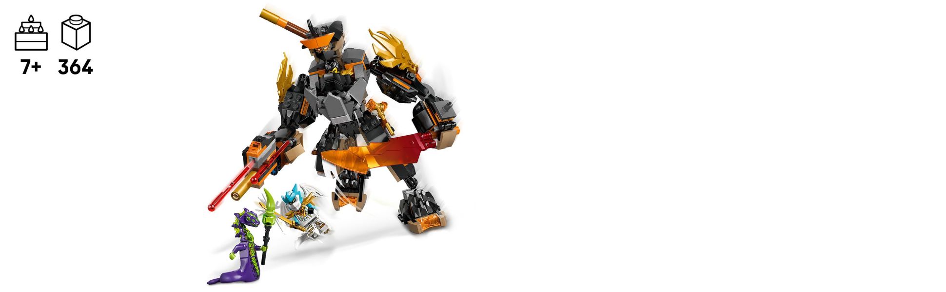 Mech comes ready to battle with 3 weapons: a sword, a staff and a spring-loaded blaster with 2 darts.