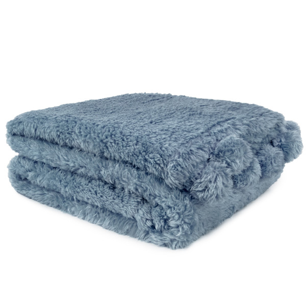 PAVILIA Dusty Blue Sherpa Throw Blanket with Soft Pom Pom Fringe Plush Cozy Warm Blankets for Couch Bed Sofa Fuzzy Fleece Throw with Pompom