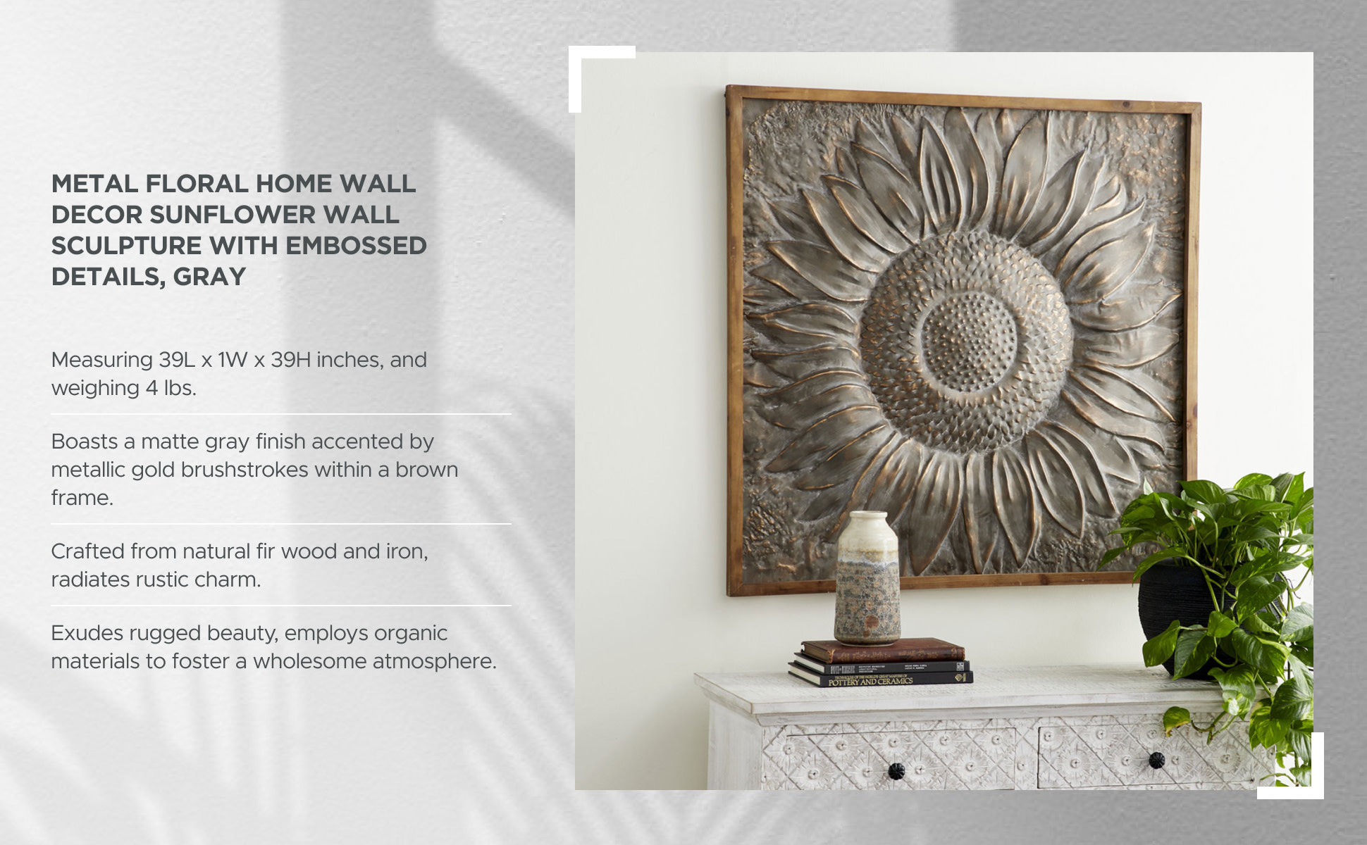 Litton Lane Metal Gray Sunflower Floral Wall Decor with Embossed